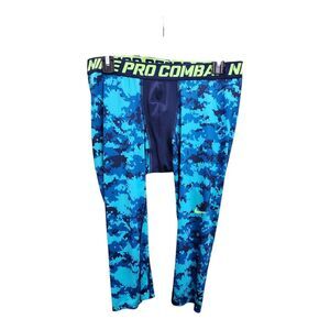 Nike Pro Combat Compression Pants Boy XXL Blue Camo Athletic Base Layer Neon 3/4